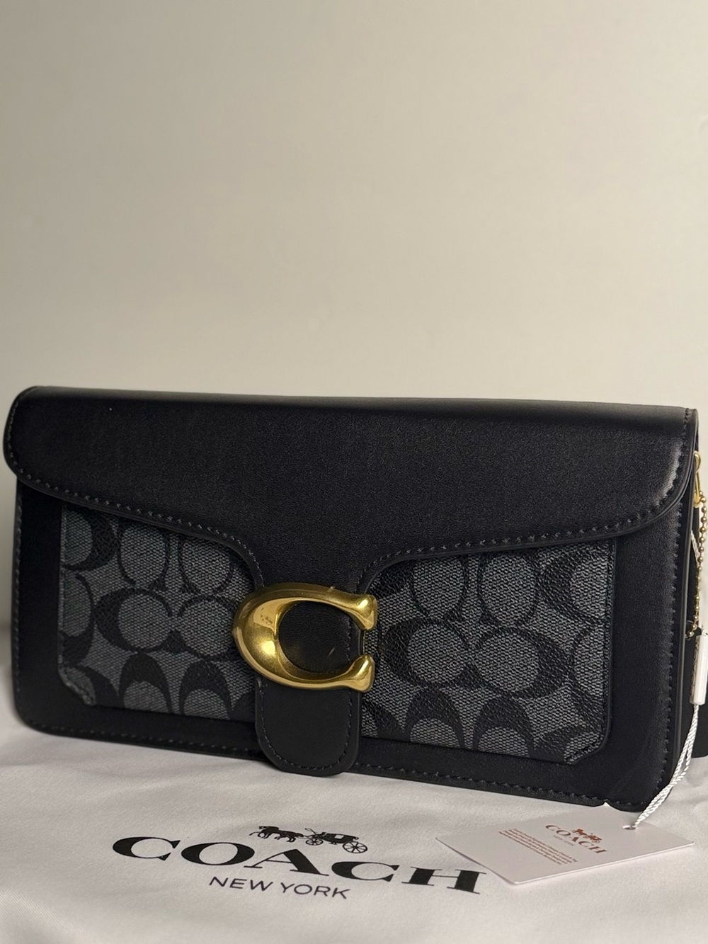 Coach Black and Gray Signature Canvas Clutch with Gold C-Clasp